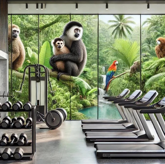 Gimnasio con caminadoras y pesas frente a la vegetación tropical