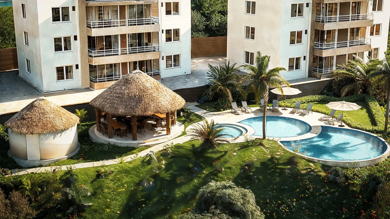 Render de los edificios de Serena Condos con piscinas, rancho de paja y jardines